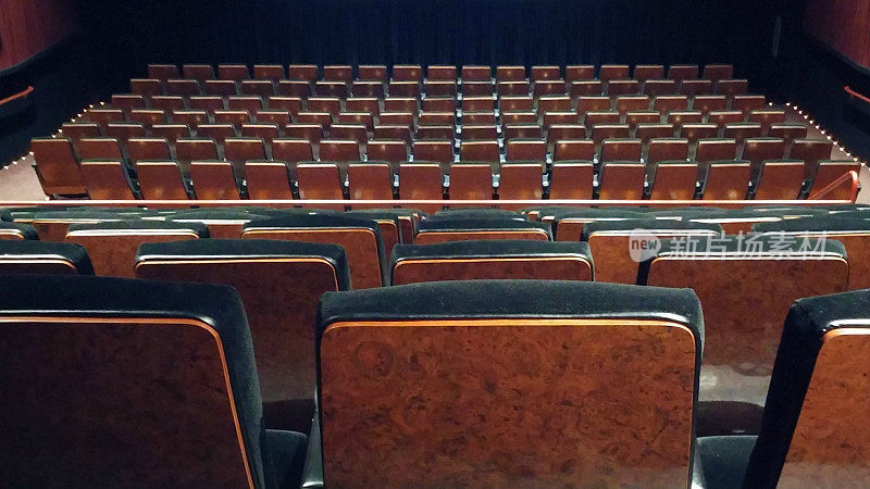 Empty Rows of Wood Grain and Black Cushion Theatre Seats